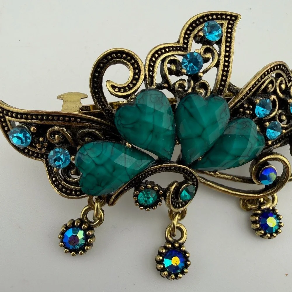 Vintage Style‎ Antique Gold Teal Heart Rhinestone French Barrette Clip